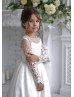 Sheer Long Sleeve Ivory Lace Satin Flower Girl Dress